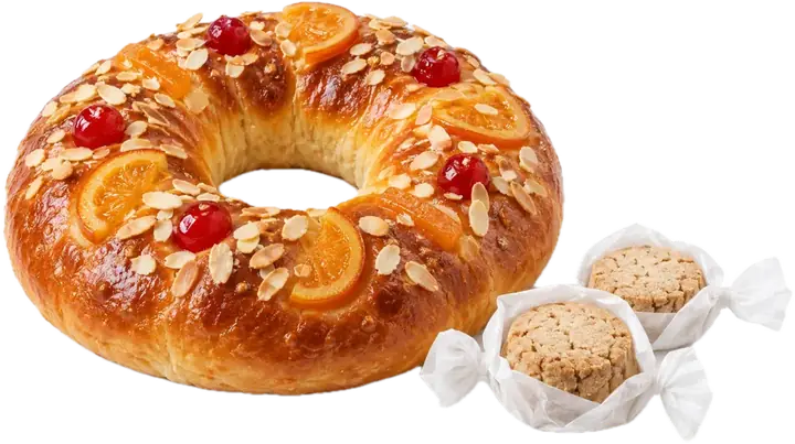 Roscón de Reyes con fruta escarchada y polvorones
