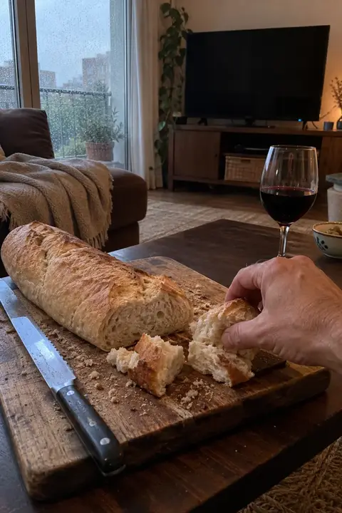 Barra de pan casera sin gluten empezada sobre una tabla de madera, en el salón una tarde de lluvia