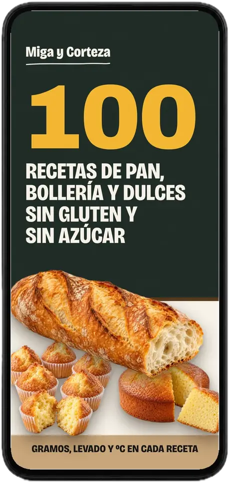 Portada del recetario Miga y Corteza abierta en un móvil: 100 recetas de pan, bollería y dulces sin gluten y sin azúcar